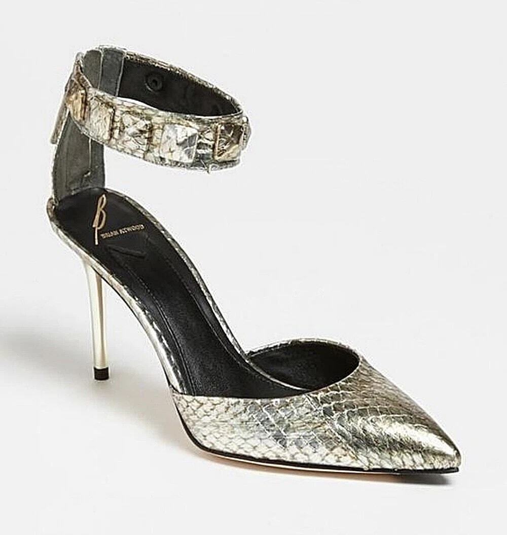 Brian Atwood Mercada Metallic Silver Leather Snake Stud Ankle Strap Heels, 6.5